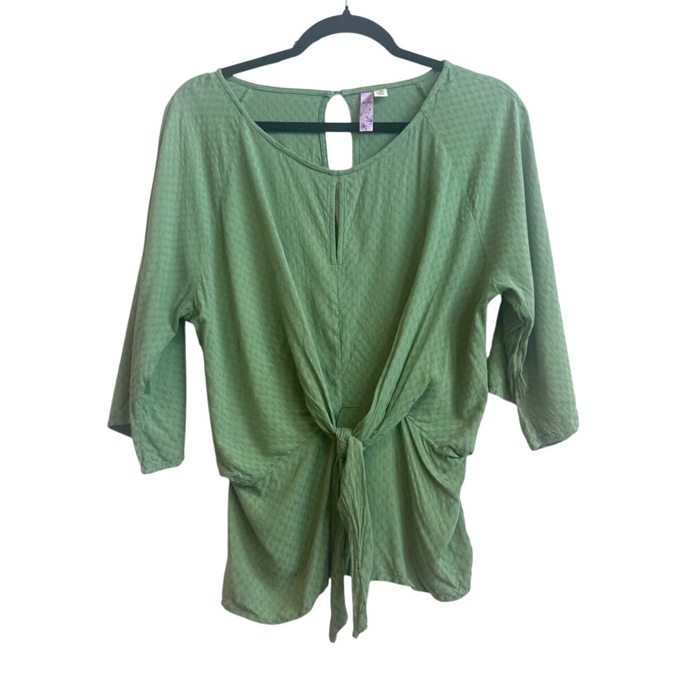Alya Green Floral Textured Flowing Blouse with Front Tie and keyholes design